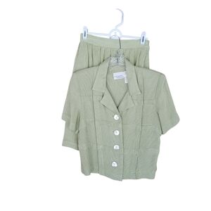 Halmode Sage Green Short Sleeved Pleated Rayon/Linen Midi Skirt Set Size 6P